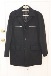 Mens Black Rivet Wool Coat Overcoat Jacket Size M (C-3)