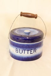 Blue And White Butter Crock W/ Wood And Wire Bale Handle