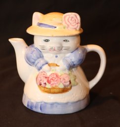 Porcelain Lady Cat Teapot Blue Dress Hat By Seymour Mann