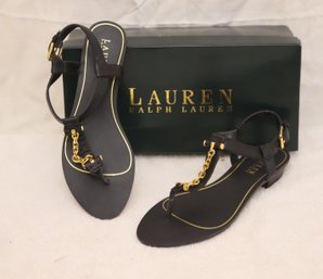 New In Box Ralph Lauren Black Trisha Thong Sandals Gold Chain Sz. 7b (R-32)