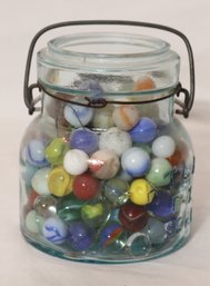 Vintage Marbles In Atlas Glass Mason Jar (V-22)