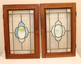 Antique Pair Of Stained Glass Cabinet Doors (S-24)