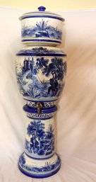 Large Vintage Antique Blue & White Covered Pottery Urn With Spigot (D-44)