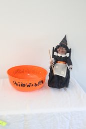 Halloween Candy Bowl And Animated Witch