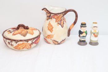 Fall Thanksgiving Candlesticks And Covered Bowl & Pitcher (R-48)