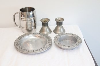 Pewter Love Plate And Wine Bottle Coaster Candlesticks And A Beer Mug