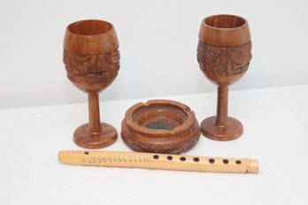 Carved Wood Wine Glasses And Ashtray (R-54)