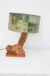 Vintage YellowStone Park Wildlife Scenes Lamp Shade Cholla Cactus Wood Base