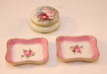 Vintage Small Porcelain Vanity Trays And Covered Trinket Jar Made In France (M-97)
