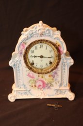 Antique Ansonia Royal Bonn Pink & Blue Floral Mantle Clock W Key  (D-99)