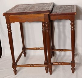 Vintage Pair Of Wooden Leather Top Nesting Tables (V-87)