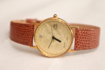 Vintage Oleg Cassini Gold Tone Faux Ten Dollar Coin Watch Brown Leather Band (J-21)