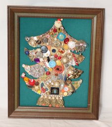 Vintage Jewelry, Button, Watch Parts Framed Christmas Tree (V-92)