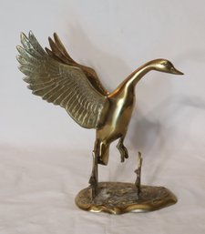 Vintage Solid Brass Duck Figurine Wings Up Taking Flight Statue Perched On Base (S-4)