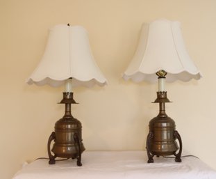 Pair Of Vintage Brass Table Lamps With Shades (A-38)