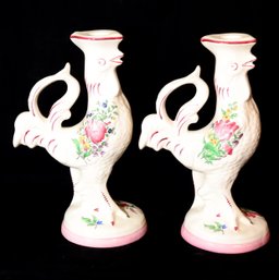 Pair Of Kg Luneville Strasbourg Marked Ceramic Faience Rooster Candle Holder