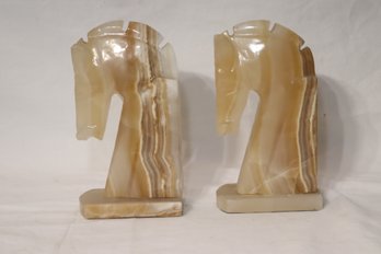 Vintage Alabaster Horse Head Knight Carved Bookends (S-22)