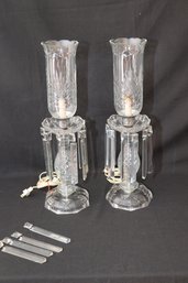 Vintage Pair Of Electric Crystal Hurricane Lamps. (B-66)