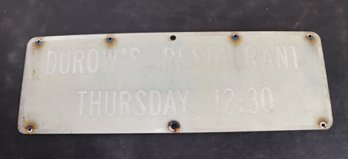 Vintage Faded Durow's Restaurant Metal Sign (C-90)