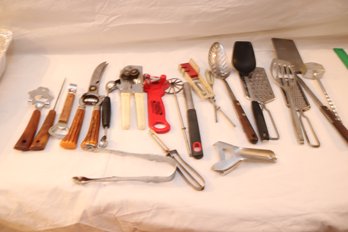 Assorted Bakelite Bar Tools And Other Kitchen Utensils