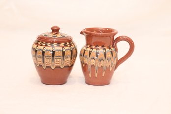 Sugar And Creamer Set Stoneware Pottery Made In Bulgaria (I-24)