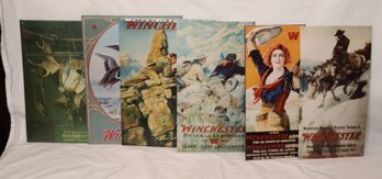 6 Metal WINCHESTER Guns And Ammo Vintage Advertising Signs Hunting 1991 Olin Man Cave (S-41)