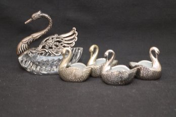 Swan Salt Cellars With Glass Inserts 2 Spoons And Large Swan (B-11)