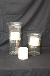 Pair Of Glass Hurricane Candle Holders, W/ 1 Extra Candle (I-43)