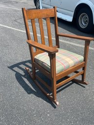 Vintage Wooden Mission Style Rocking Chair With Cushions.