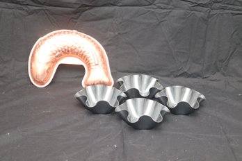 Copper Fish Mold And 4 Tortilla Bowl Molds (I-59)