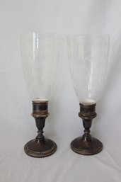 Vintage Pair Towle Sterling Silver Candle Holders W Floral Glass Shades (F-17)