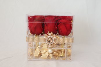 Real Roses & Gold In Acrylic Box. (F-19)