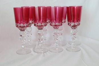 Set Of 8 Pink Glass Cut To Clear Wine Goblets