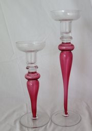 Vintage Pink And Clear Glass Candle Holders