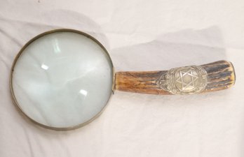 Vintage Magnifying Glass With Stag Handle And Sterling Silver Jewish Star Crest (C-36)