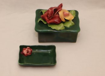 Vintage Green Ceramic Box And Trinket Tray (F-91)