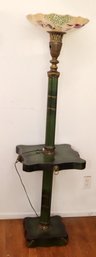 Antique Floor Lamp Table With Painted Glass Shade