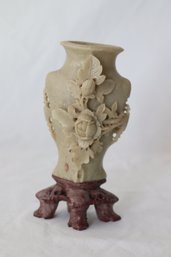 Vintage Hand Carved Small Soapstone Vase With Flower Designs (F-50)