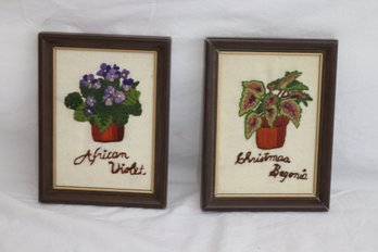 Pair Of Framed Needlepoint African Violet And Christmas Begonia (D-44)