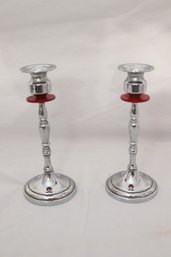 Vintage Pair Of Chrome Plated Candlesticks  (D-45)