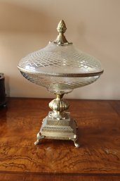 Vintage Covered Glass Bowl On Brass Pedestal (F-80)