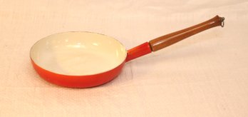 Vintage Descoware Belgium Flame Orange Enamel Cast Iron Skillet W/ Wooden Handle