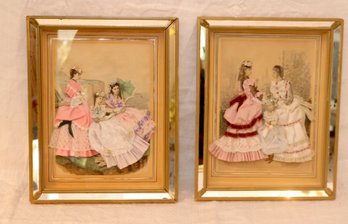 French Victorian Fashion Shadow Box, Diorama Of La Mode Illustre W/ Handmade Fabric Dresses