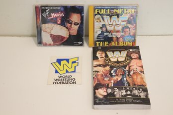 Assorted Wrestling Stuff: WWF Cd's, Decal, Book. (H-58)