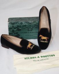 Women's Stubbs & Wootton Horse Embroidered Velvet Slippers Loafers Shoes Sz. 11 (S-9)