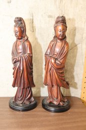 Vintage Pair Of Chinese Carved Wooden Figures