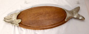 Vtg. BNMF Wood Fish  Cutting Board Made In France Salmon Pewter