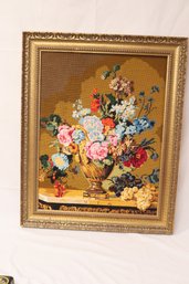 Vintage Framed Floral Still Life Needlepoint  (M-53)