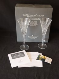 SET 2 WATERFORD CRYSTAL MILLENNIUM COLLECTION TOASTING FLUTES 'hEALTH' In Box (O65)