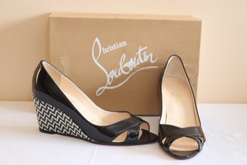 NEW  Christian Louboutin Black Patent Leather And Hounstooth Wedge Shoes Sz. 37